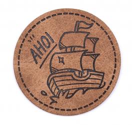 Kunstlederlabel zum Aufnähen "Ahoi" ca. 45 mm Durchmesser 