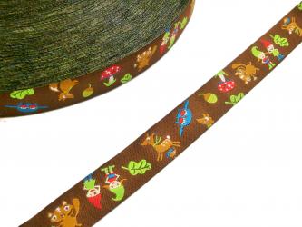 1 m Webband Farbenmix  "Waldzwergenpost"  16 mm Design Paulapü Eichhörnchen Reh Zwerg Fuchs Fliegenpilz Waldbewohner 