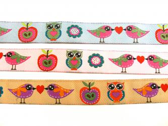 1 m Webband "Eulen & Co." 15 mm br. blau rosa beige Apfel rosa
