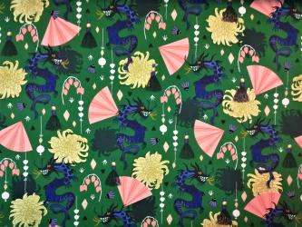 0,1 m Organic Cotton Druckstoff "Asiatische Inspiration - Drachen"  110 cm br. 