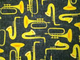 0,1 m Baumwoll-Druckstoff  "Feeling Jazzy - Blasinstrumente"  110 cm br. 