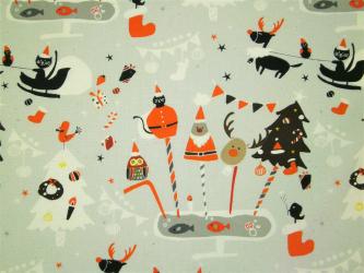 0,1 m Baumwoll-Druckstoff  "Waku Waku Christmas - Rentier und Katze" 110 cm br. 