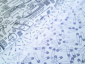 0,1 m Baumwoll- Druckstoff Serie  "Nähvergnügen" 115 cm br. Nadeln Sicherheitsnadeln Bügelanleitung 