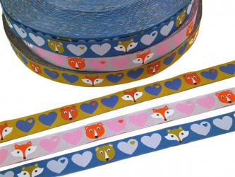 1 m Webband Farbenmix  "byGraziela Herzen mit Bär und Fuchs "  16 mm 