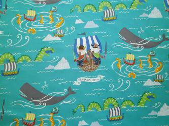 0,1 m Baumwoll Druckstoff  "The Viking Sea" 115 cm br. Seeungeheuer Krake Wal 