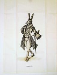 handbedrucktes Leinen-Tuch "Hase mit Zylinder" ca. 42x62 cm 