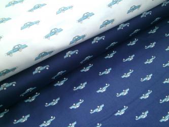 0,1 m  Baumwollsatin Druckstoff  "Autos"  110 cm br. Kokka Japan blau