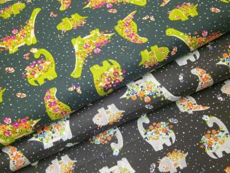 0,1 m Baumwoll-Druckstoff  "Dinoevolution - Blumendinos" ca. 112 cm br. 
