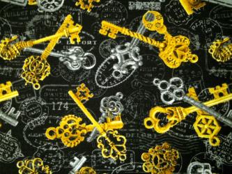 0,1 m Baumwoll-Druckstoff  "Zeitreise - Schlüssel"  110 cm br. 