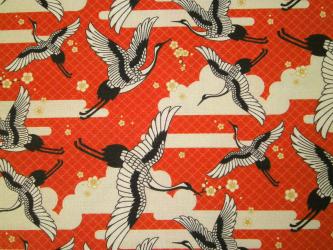 0,1 m Druckstoff  "Japanischer Frühling - Kraniche und Kirschblüten" ca. 110 cm br. 