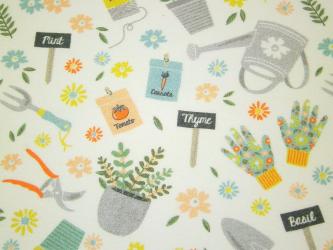 0,1 m Druckstoff  "Gartenfreunde - Werkzeug" ca. 114 cm br. 