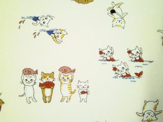 0,1 m Japan-Druckstoff  "Strand-Mietzen"  110 cm br. 