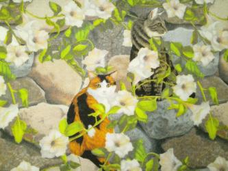 0,1m Baumwolldruck "Whiskers Among Petals - Katzen und Blumenwand" ca. 110 cm br. 