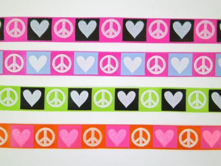 1 m bedrucktes Satinband "Love & Peace" 15 mm br. pink-schwarz