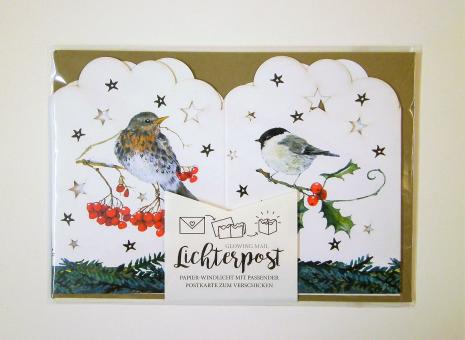 Lichterpost "Wintervögel" Papierwindlicht mit passender Postkarte und Umschlag 