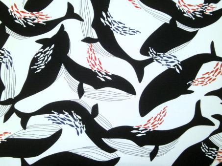 0,1 m Organic Cotton Canvas "Happy Whales" 125 cm br. 