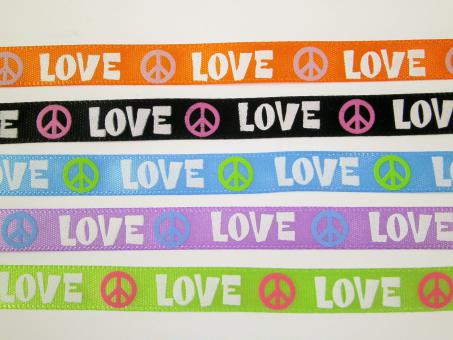 1 m bedrucktes Satinband "Love & Peace" 9 mm br. grün